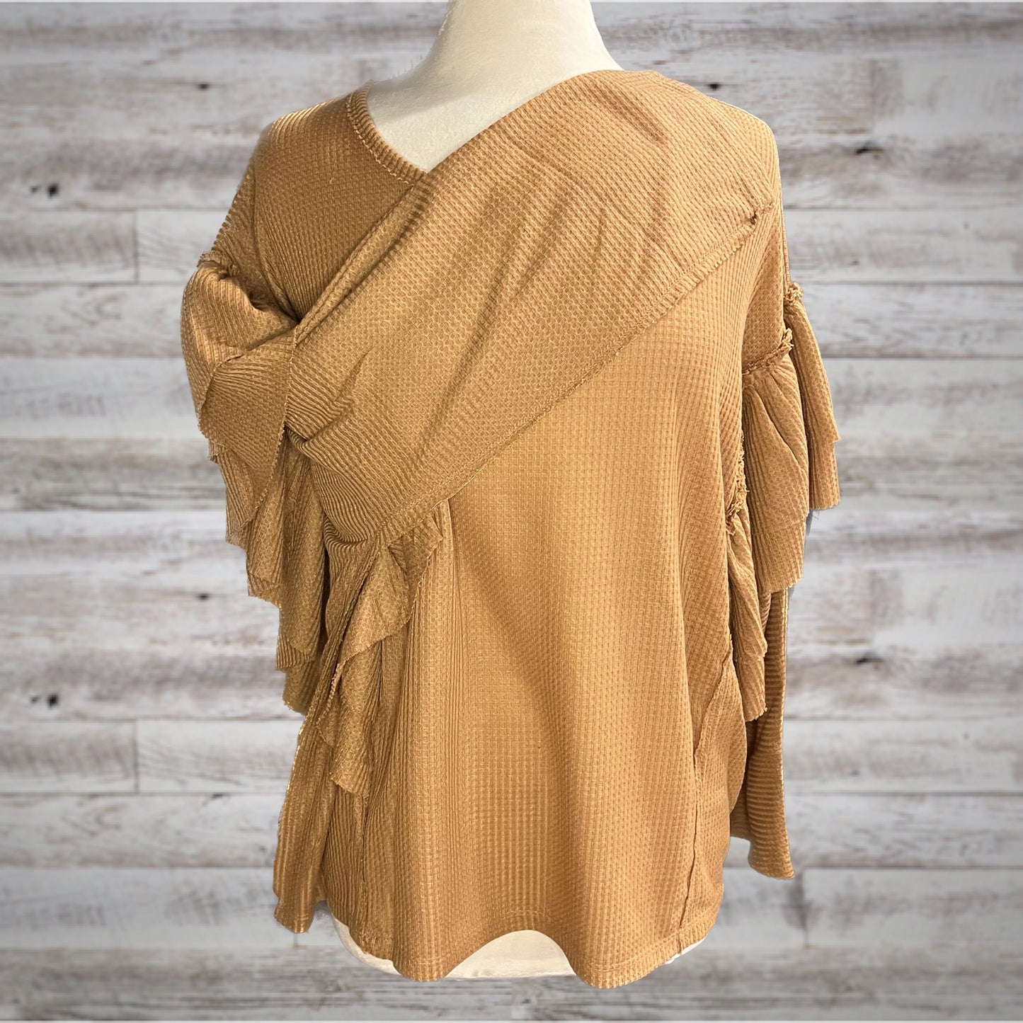 Ruffled Waffle Knit Long Sleeve Top in Pumpkin Spice