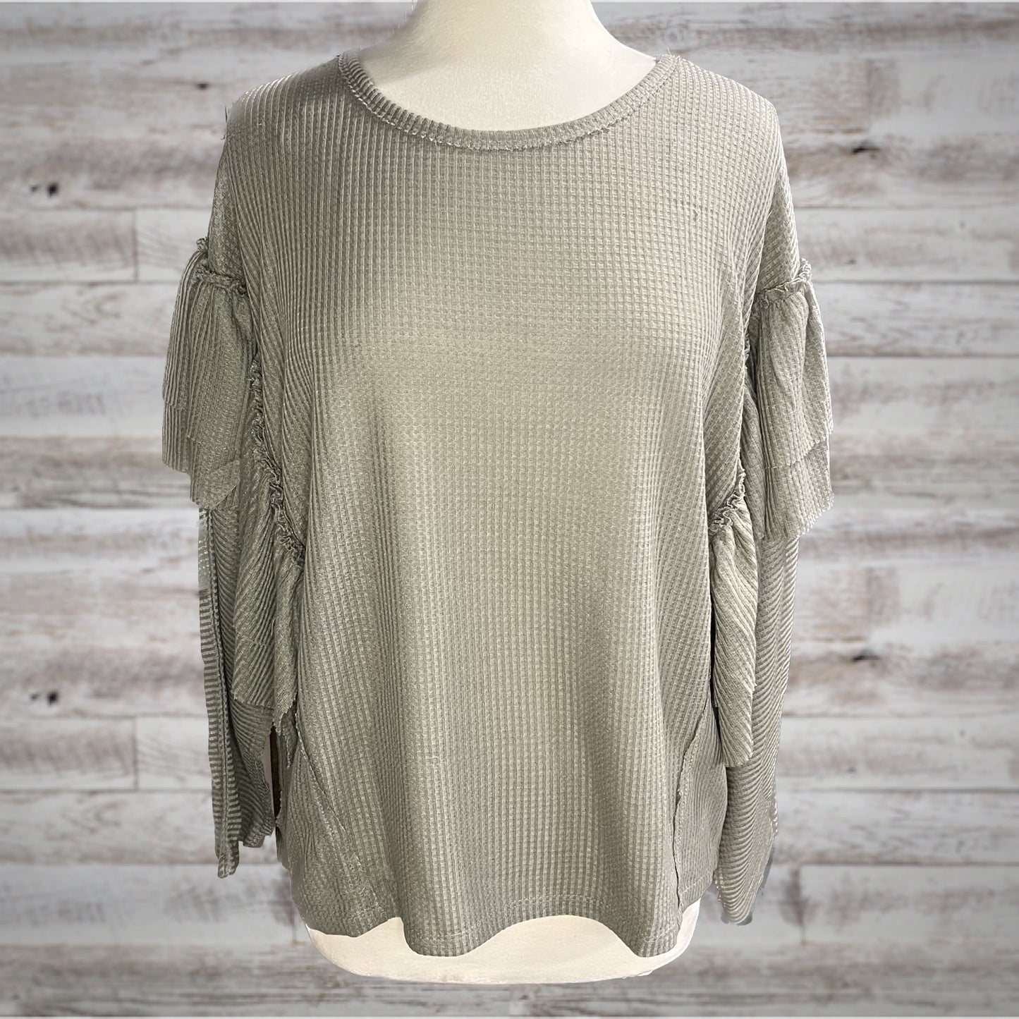 Ruffled Waffle Knit Long Sleeve Top in Sage