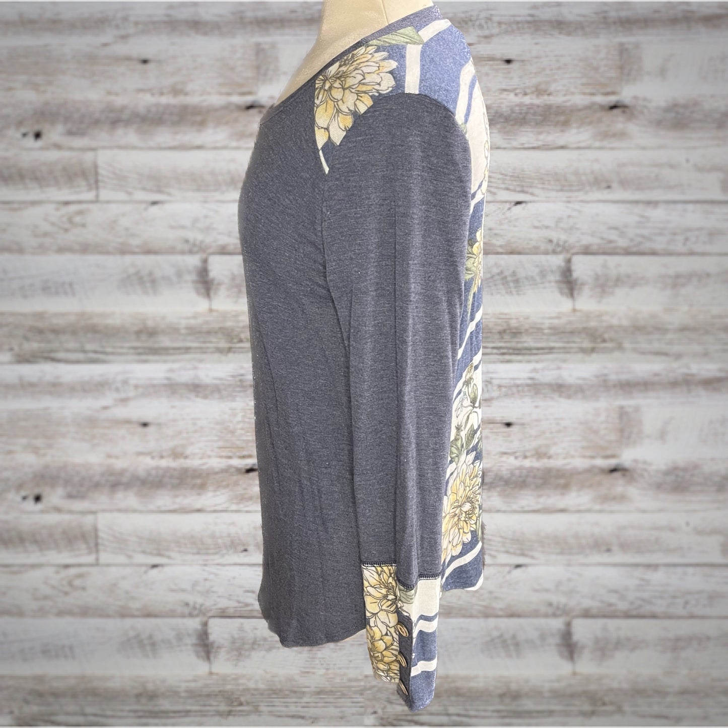Dusty Blue Floral Back Button Cuff Long Sleeve Tee