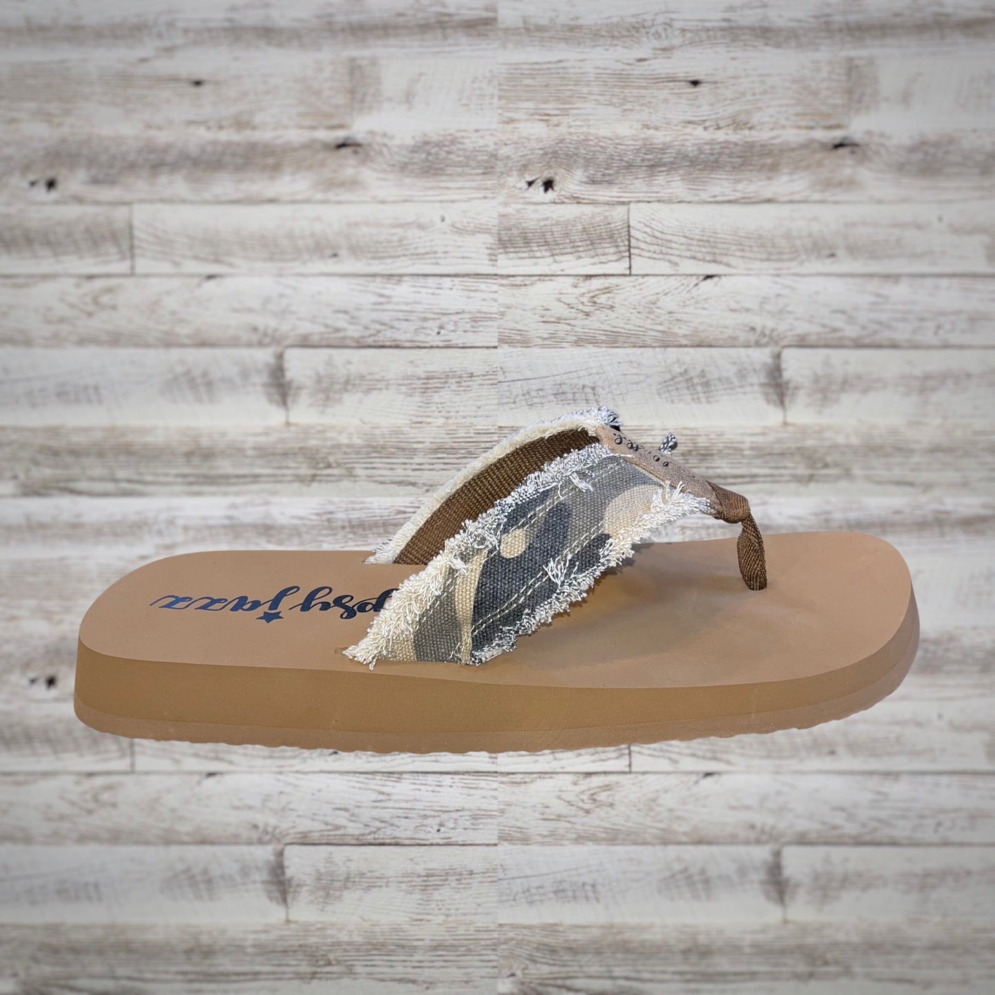 Gypsy Jazz Fringe Flatform Flip Flop Sandals in Camo