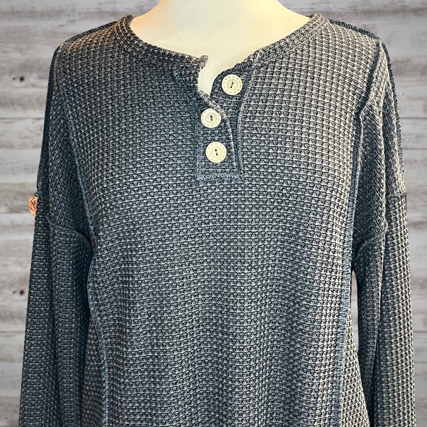 PLUS Waffle Knit Long Sleeve Henley Top in Charcoal