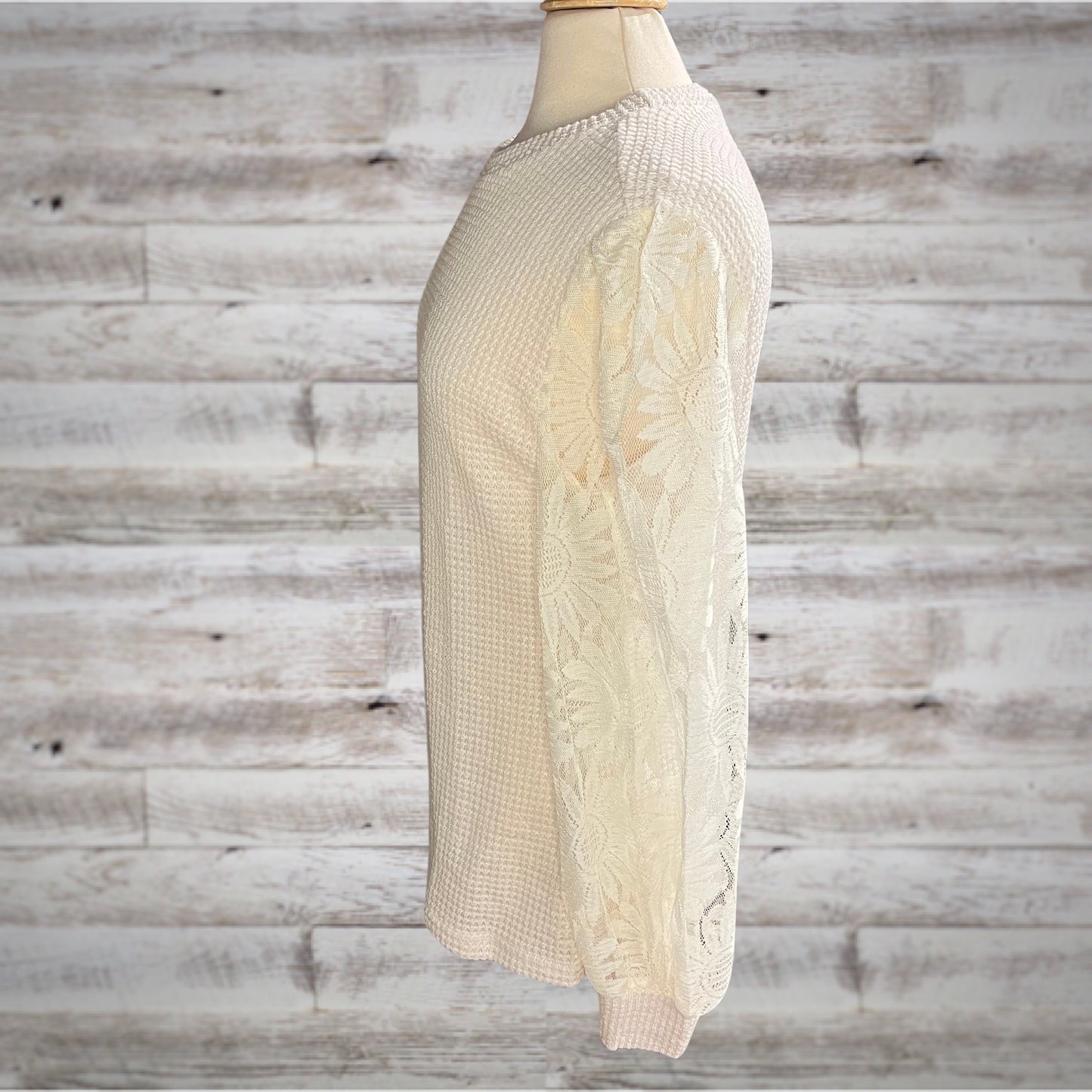 Waffle Knit Top with Daisy Lace Long Sleeves