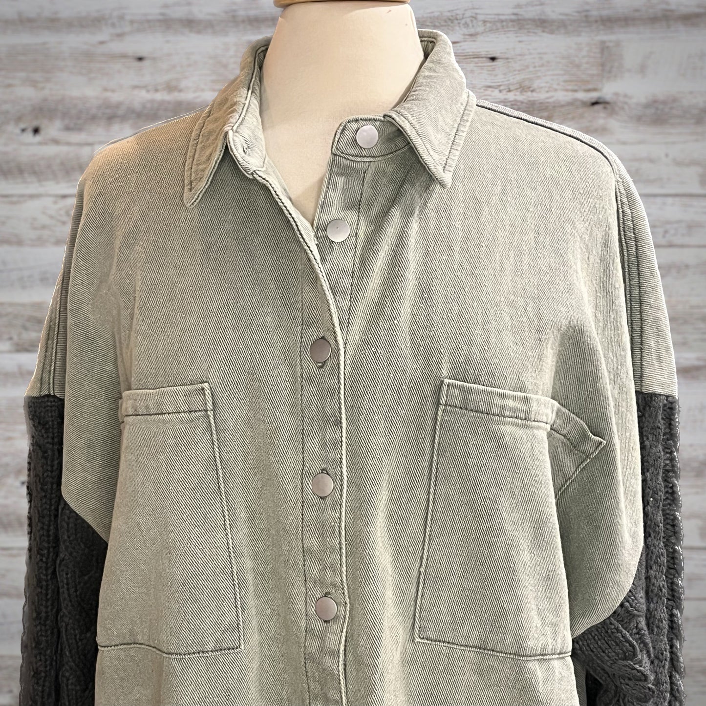 POL Cable Knit Sleeve Denim Jacket in Sage
