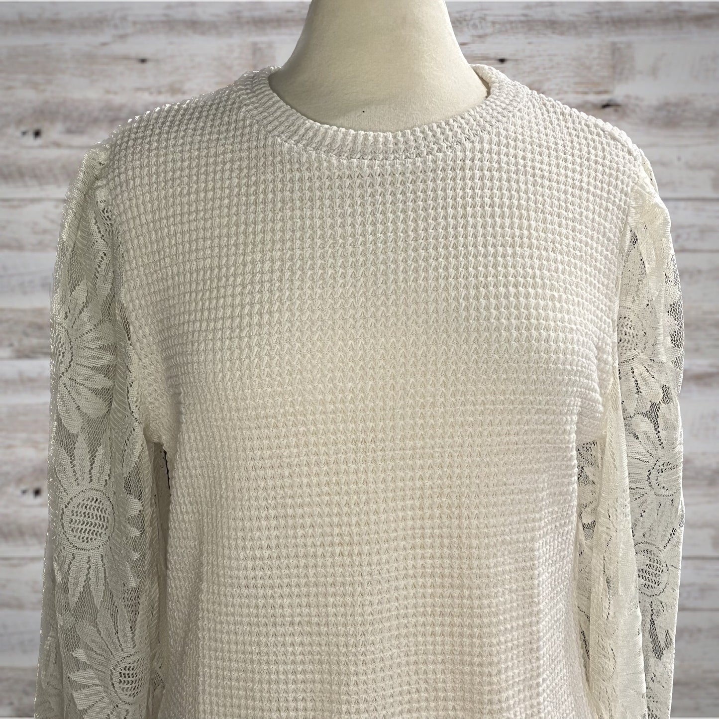 Waffle Knit Top with Daisy Lace Long Sleeves