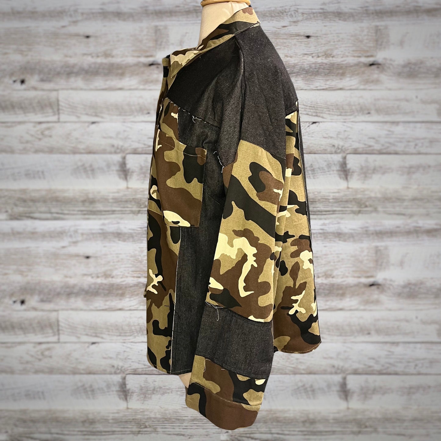 Camo Print Denim Mix Button Down Jacket