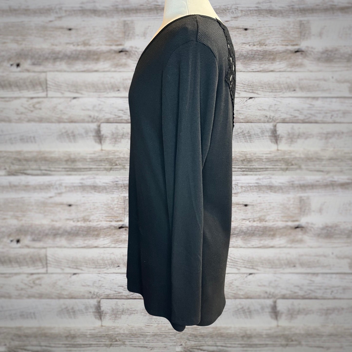 PLUS Crochet Back Long Sleeve Black Henley Top
