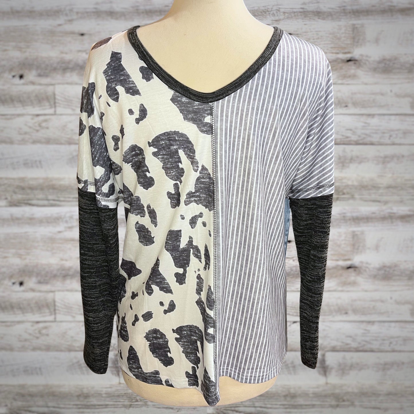 Cows & Stripes Double V Long Sleeve Split Tee
