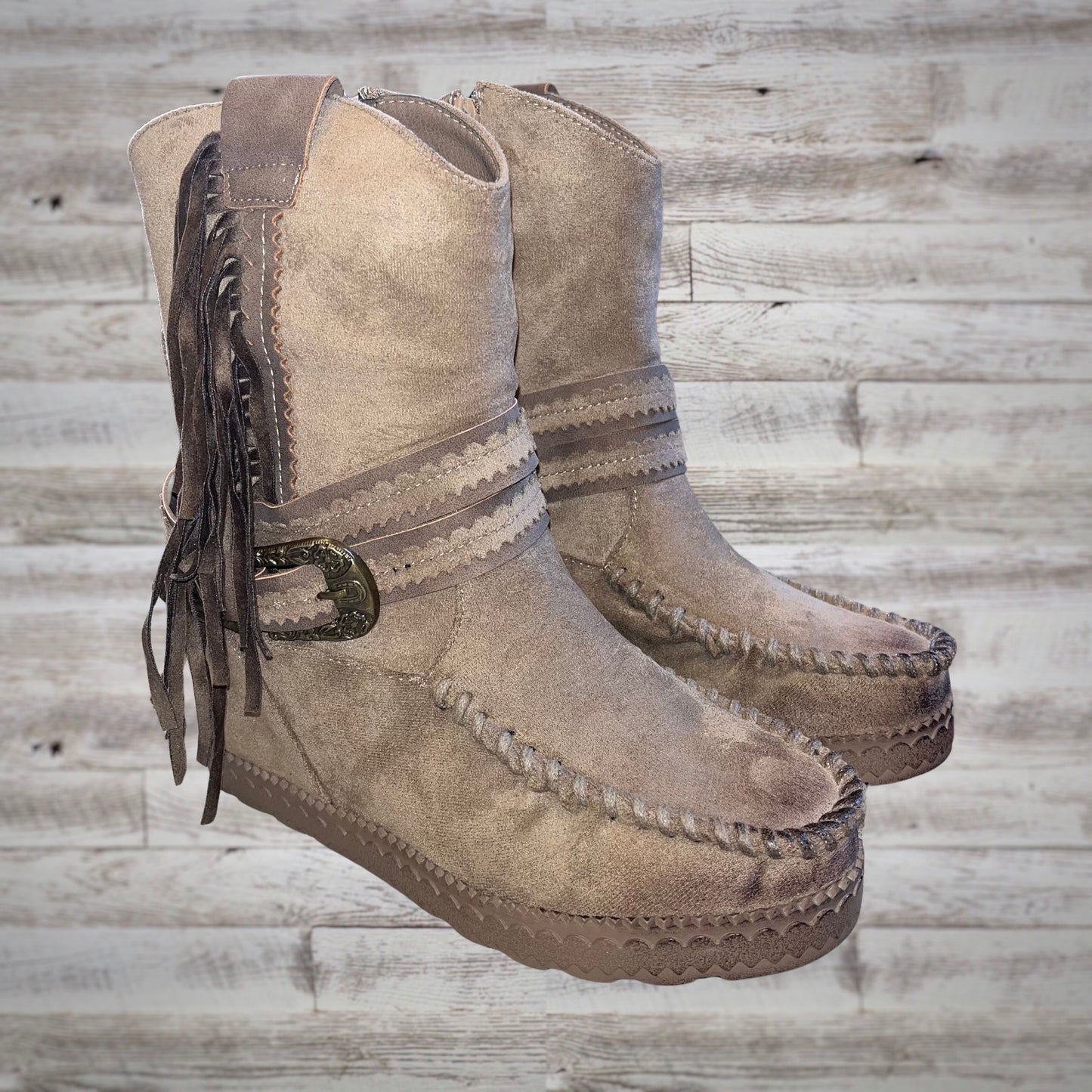 Very G Western Fringe Moc Toe Wedge Booties in Taupe Suede