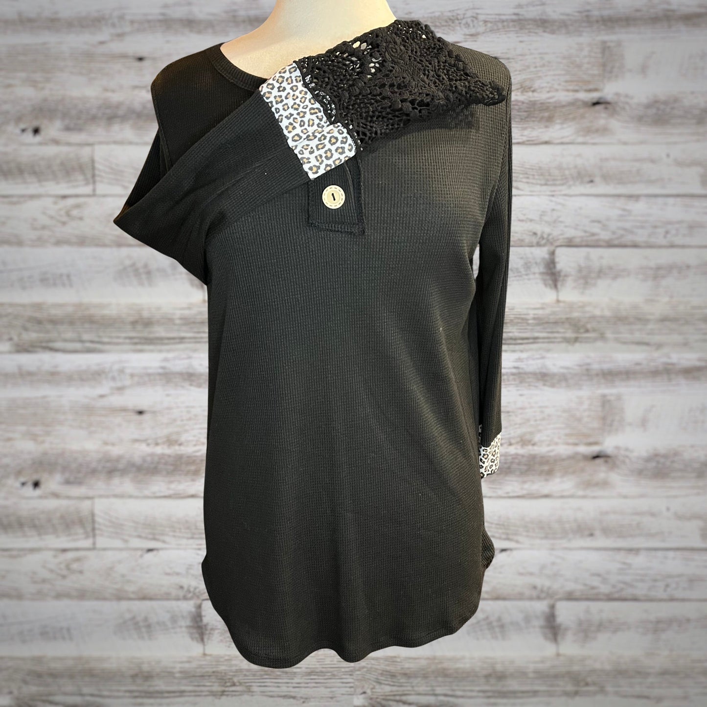 Embellished Cuff Waffle Knit Thermal Tee in Black