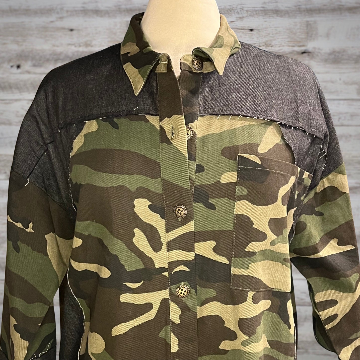 Camo Print Denim Mix Button Down Jacket