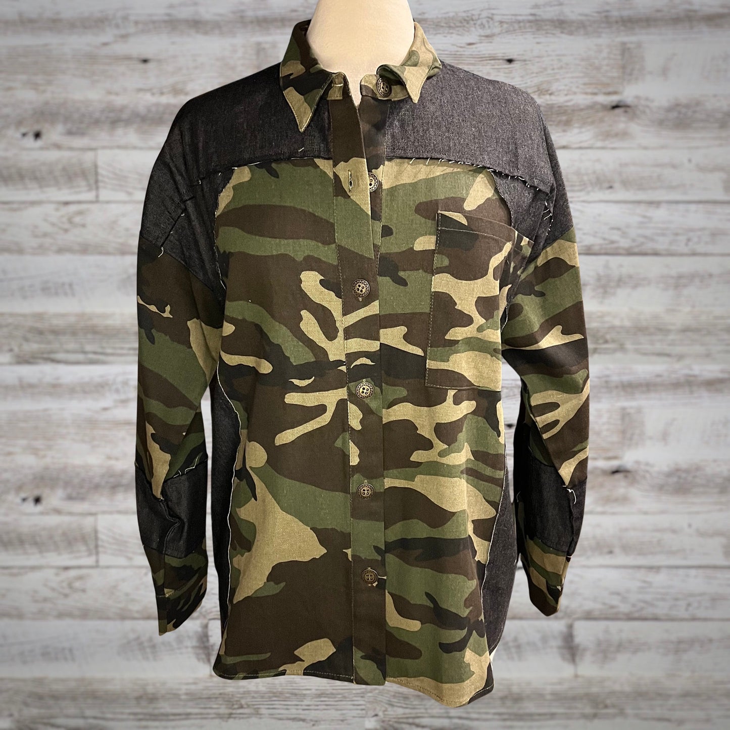 Camo Print Denim Mix Button Down Jacket