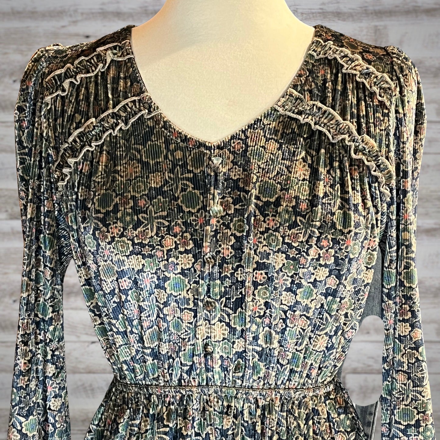 Shimmery Velvet Western Floral Long Sleeve Mini Dress in Blue