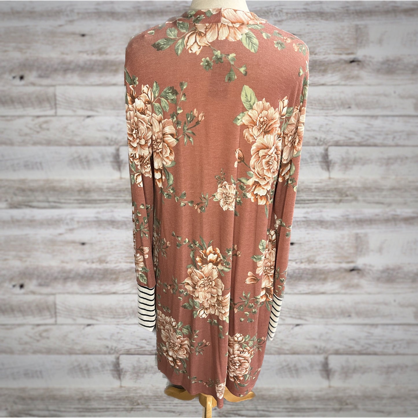 Blush Vintage Floral Duster Cardigan with Striped Cuffs