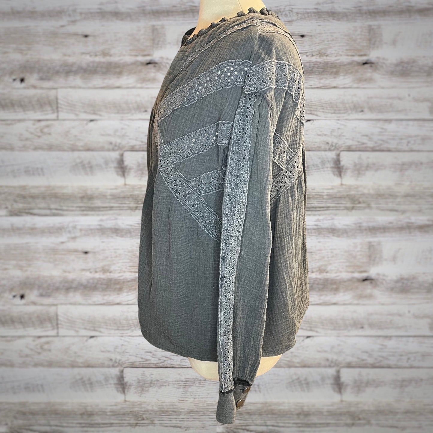 POL Charcoal Cotton Gauze Button Down Peasant Top