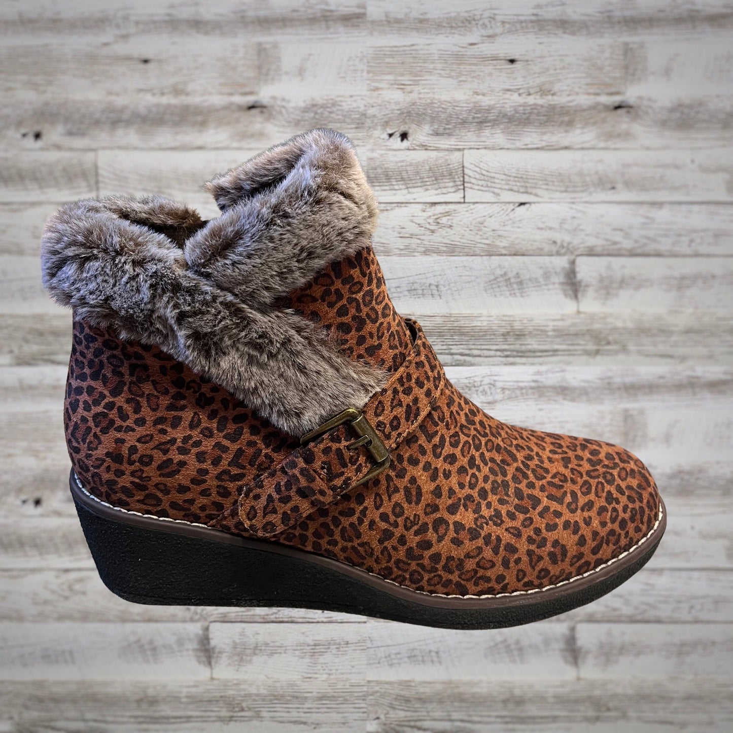 Corky's Fur Trim Mid Wedge Leopard Booties with Buckles