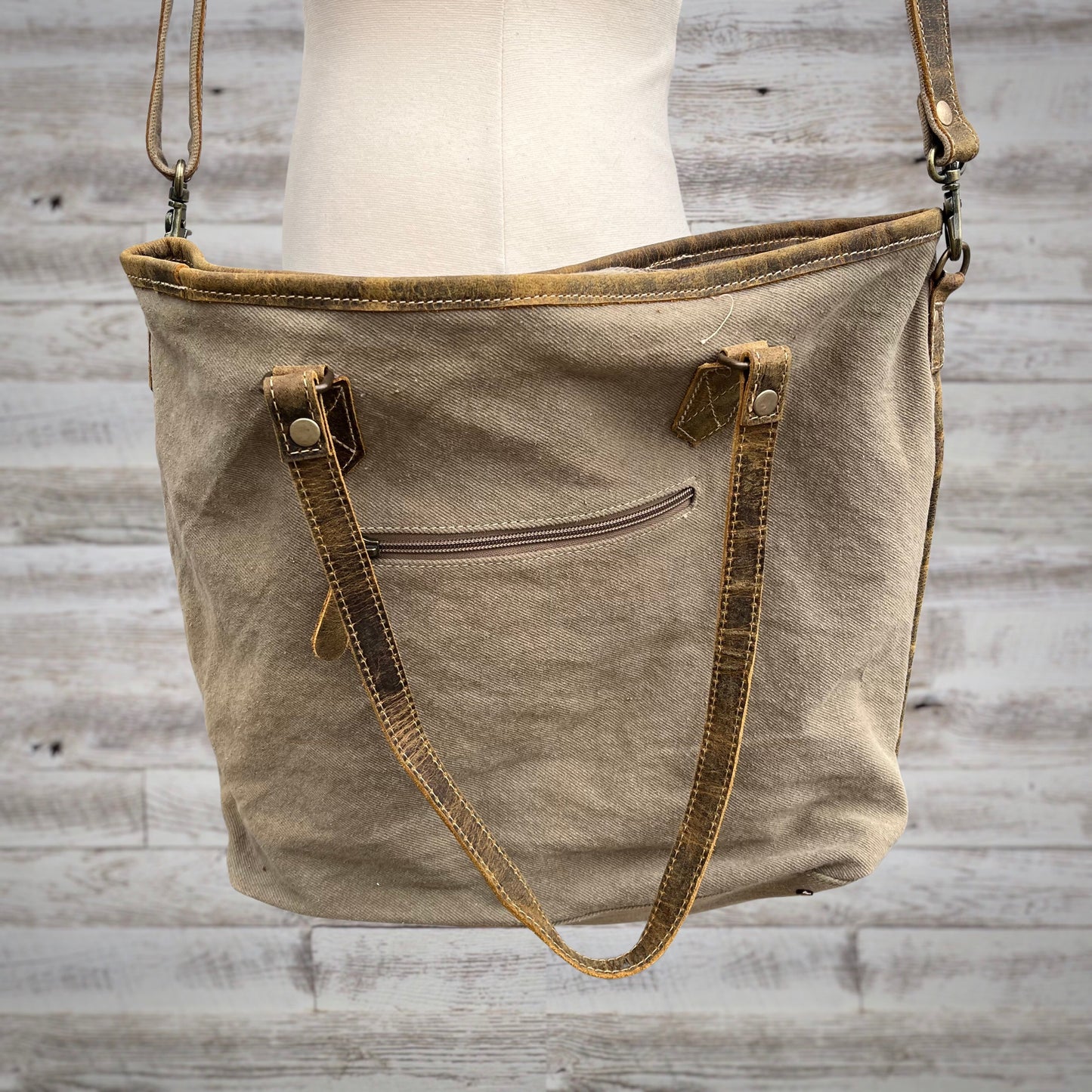 Myra Bag Floret Large Tote Woven and Distressed Tooled Leather