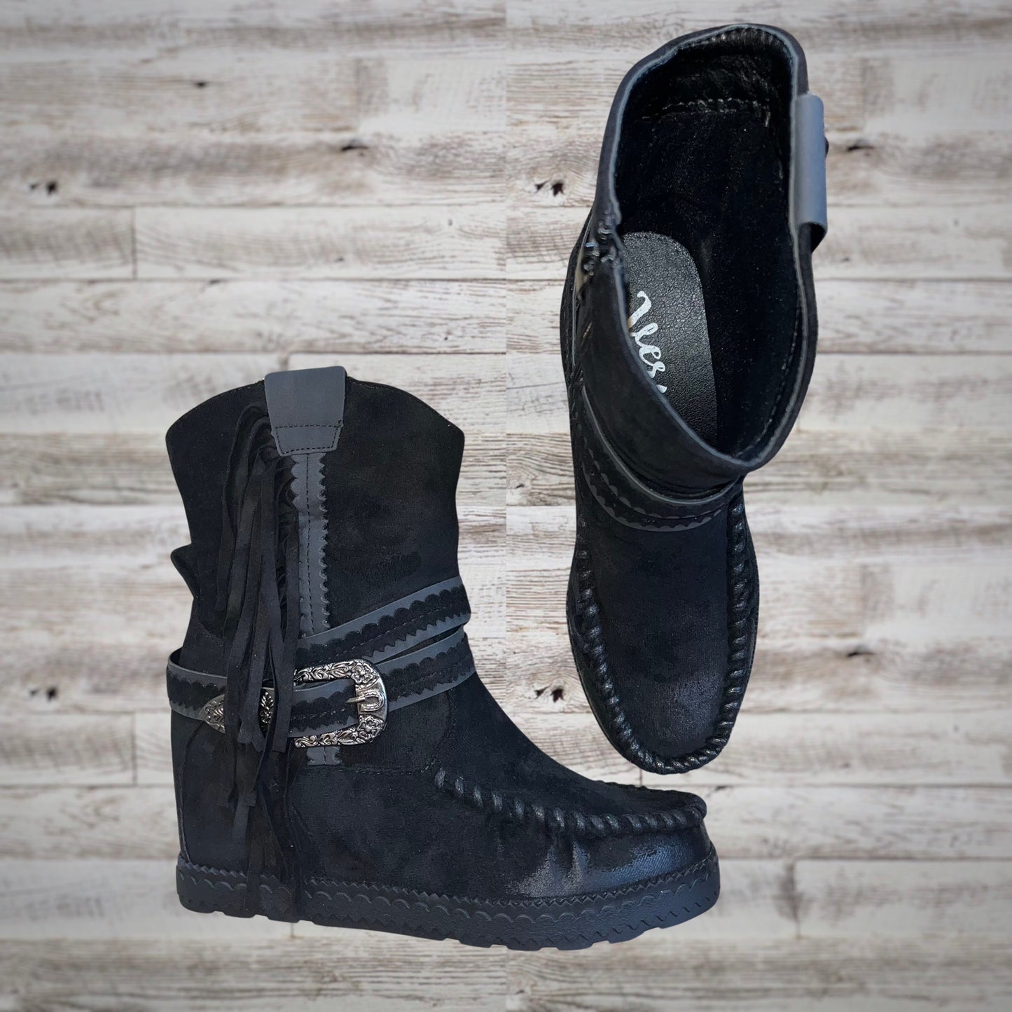 Very G Western Fringe Moc Toe Wedge Booties in Black Suede