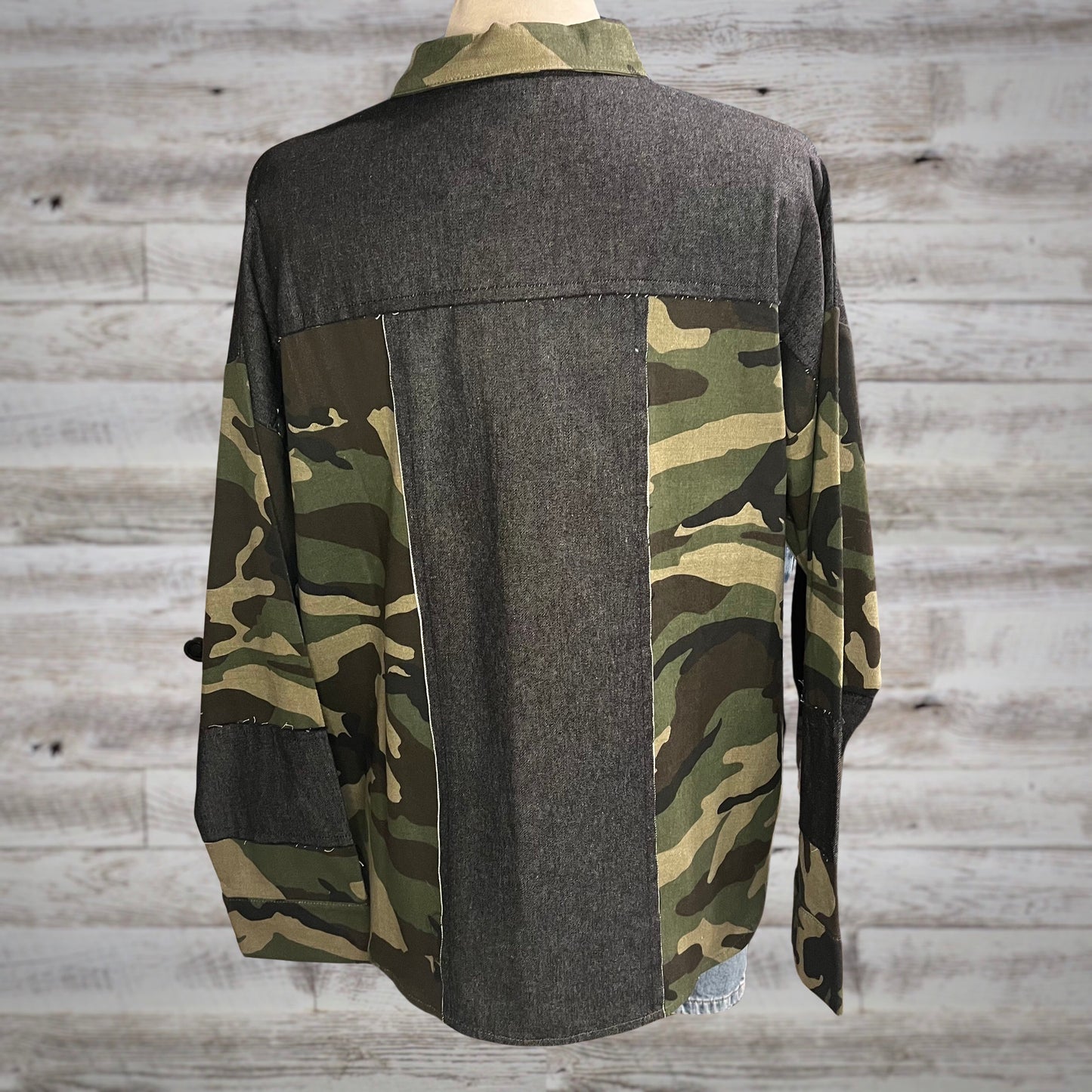 Camo Print Denim Mix Button Down Jacket