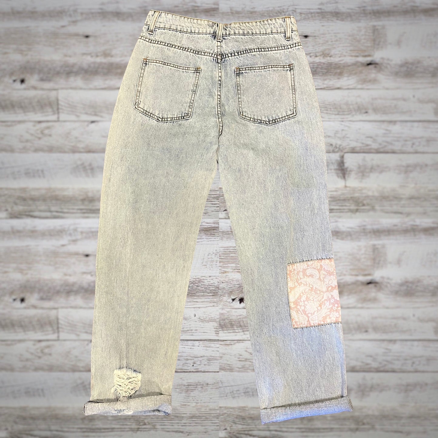 Bandana Patch Distressed Boyfriend Jeans in Light Wash