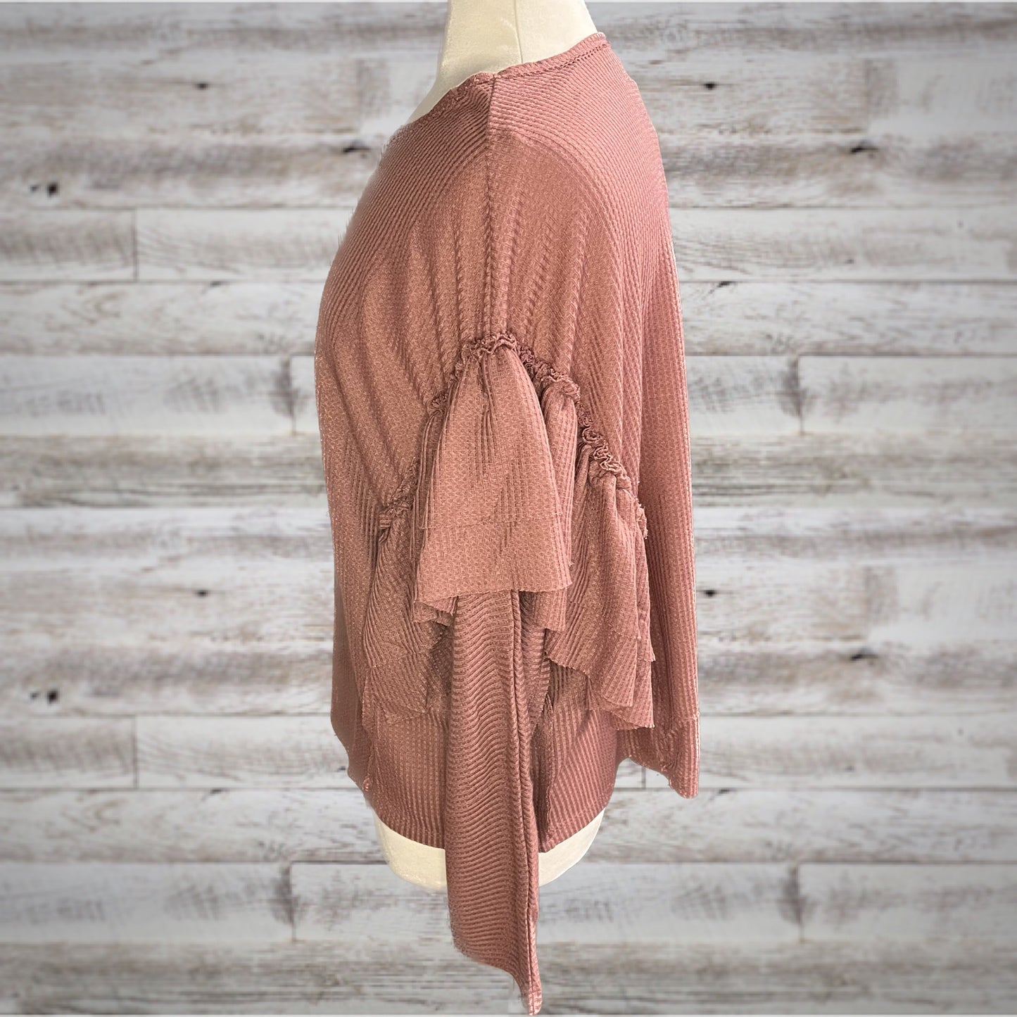 Ruffled Waffle Knit Long Sleeve Top in Mauve