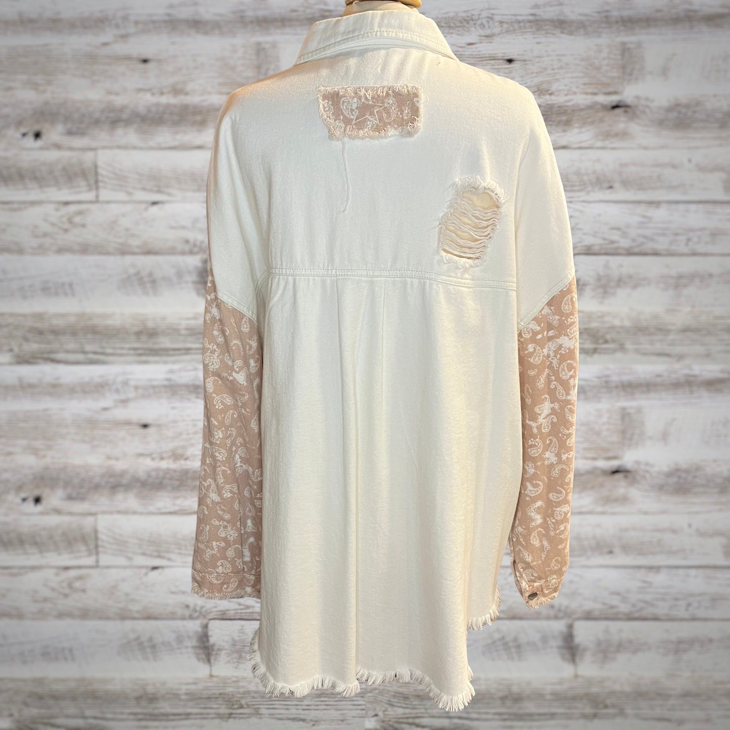 PLUS POL Country Roads Bandana Print Distressed Jean Jacket