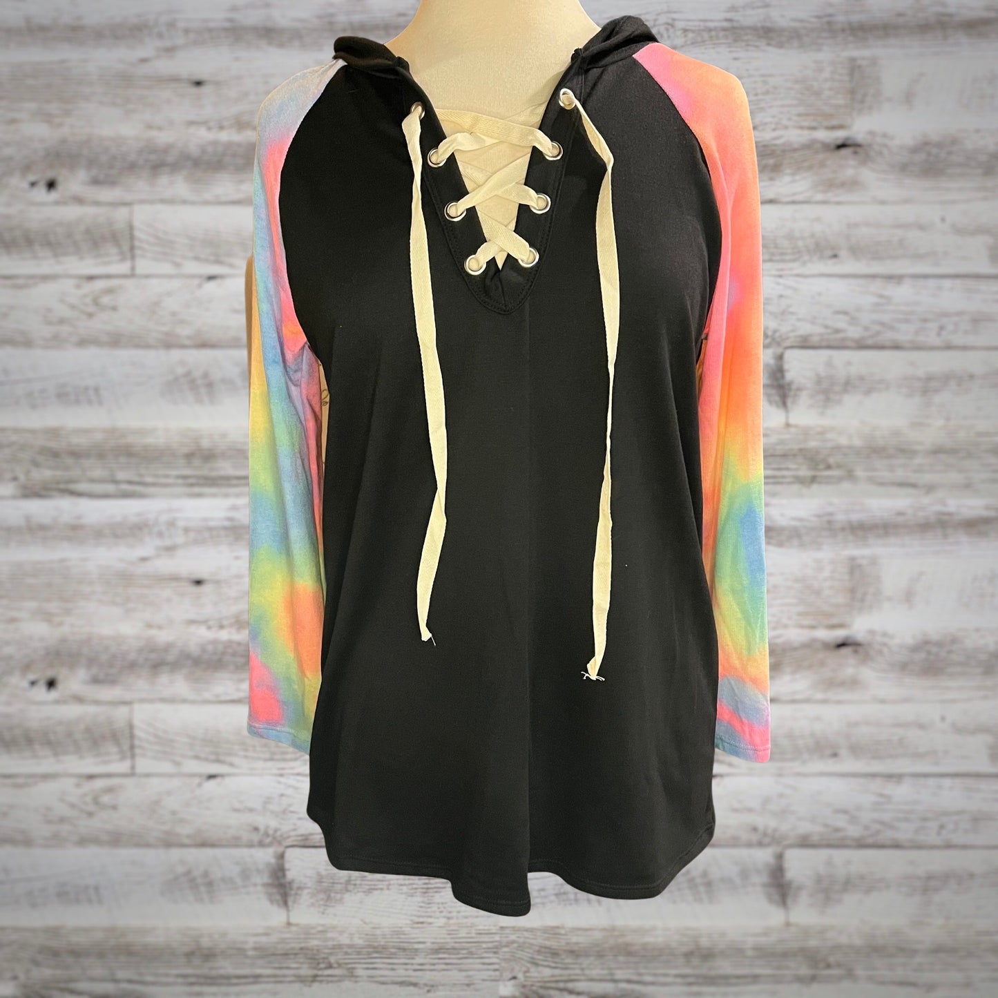 Soft Knit Tie-Dye Lace Up Hoodie in Black