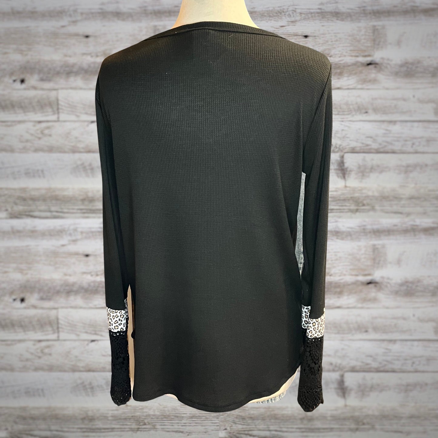 Embellished Cuff Waffle Knit Thermal Tee in Black