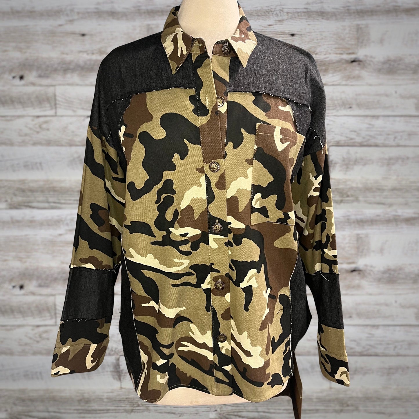 Camo Print Denim Mix Button Down Jacket