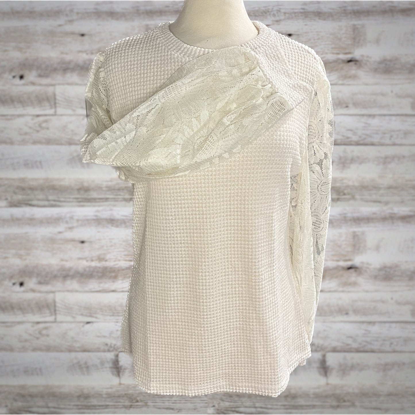 Waffle Knit Top with Daisy Lace Long Sleeves