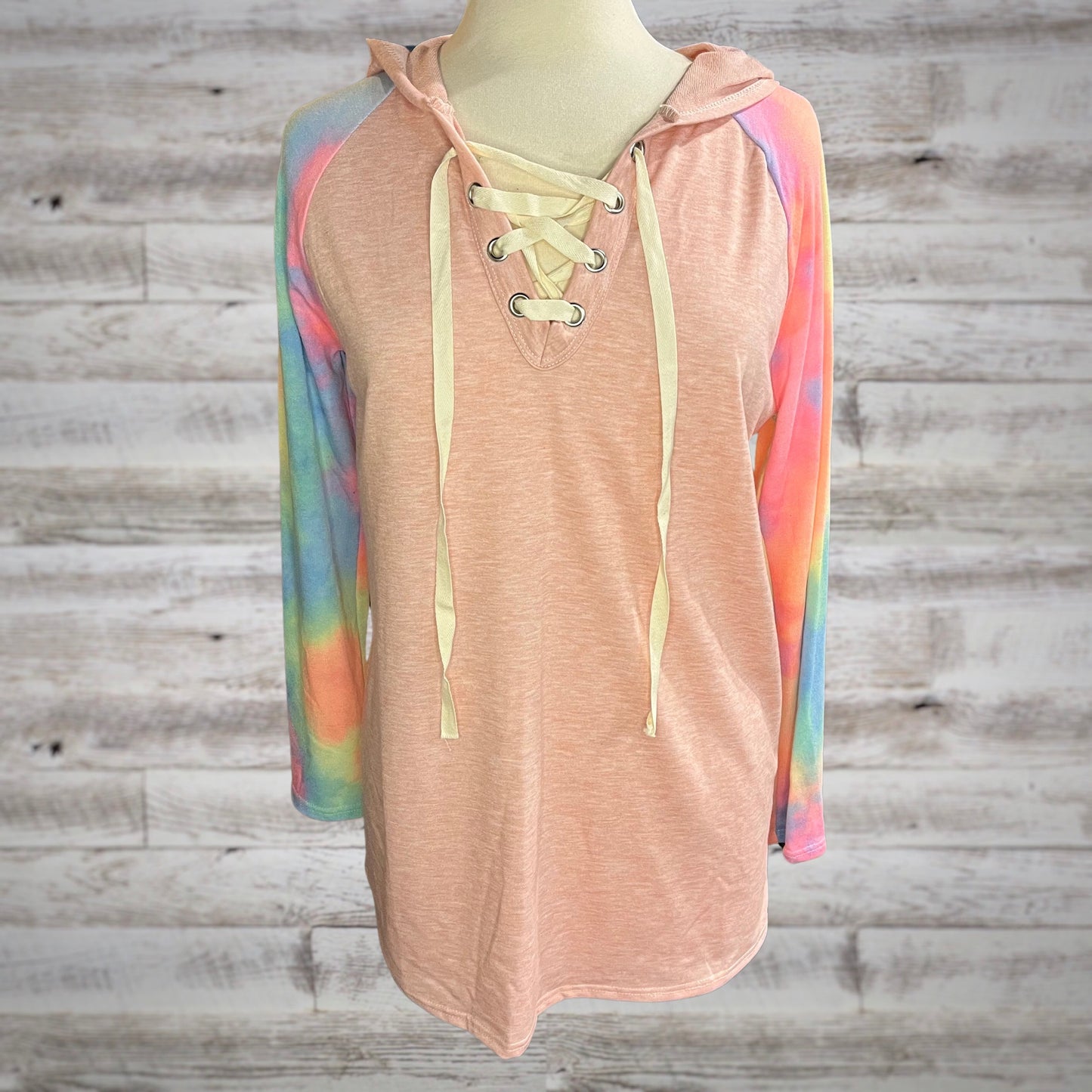 Soft Knit Tie-Dye Lace Up Hoodie in Pink