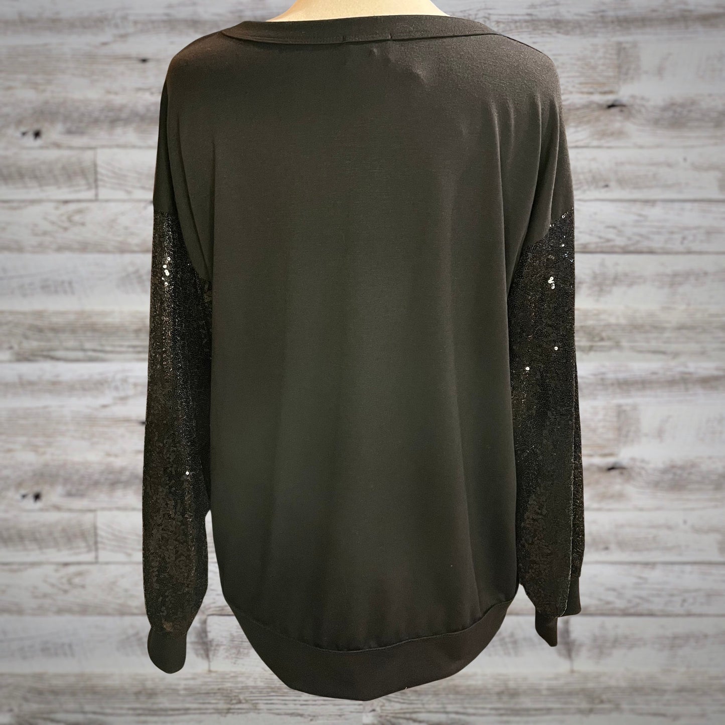 Glam Sequin Sleeve Lightweight Pullover in Black