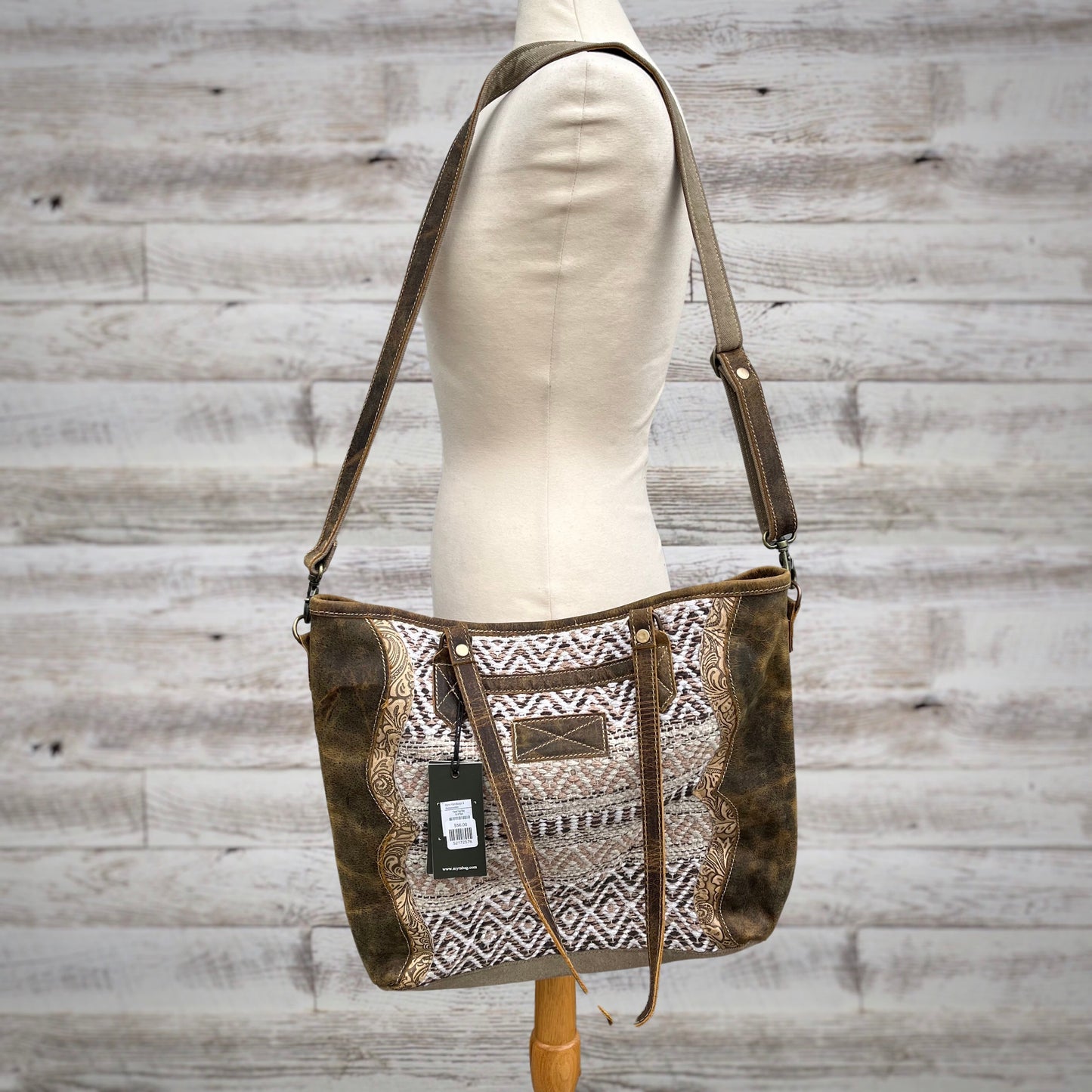 Myra Bag Floret Large Tote Woven and Distressed Tooled Leather