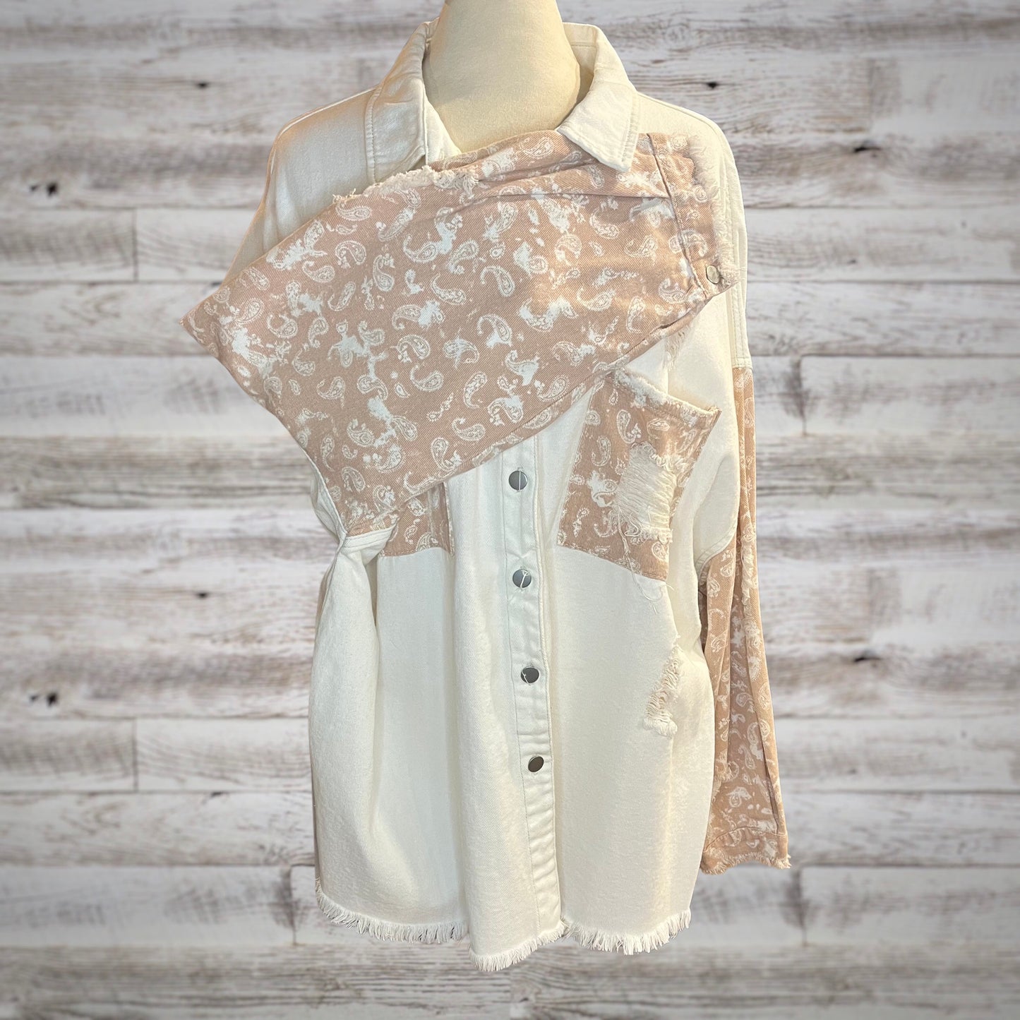 PLUS POL Country Roads Bandana Print Distressed Jean Jacket