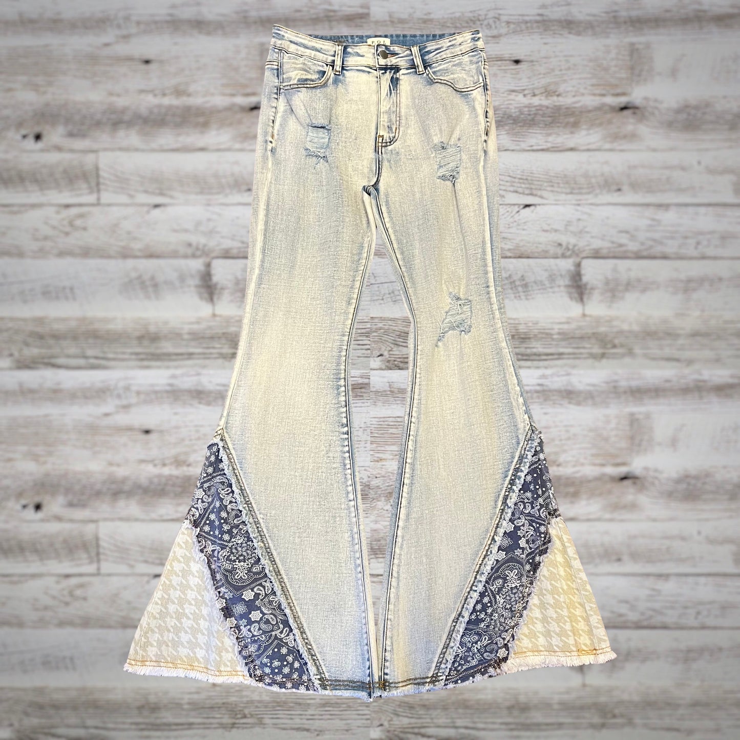 POL Bandana Patch Flare Leg Light Wash Jeans