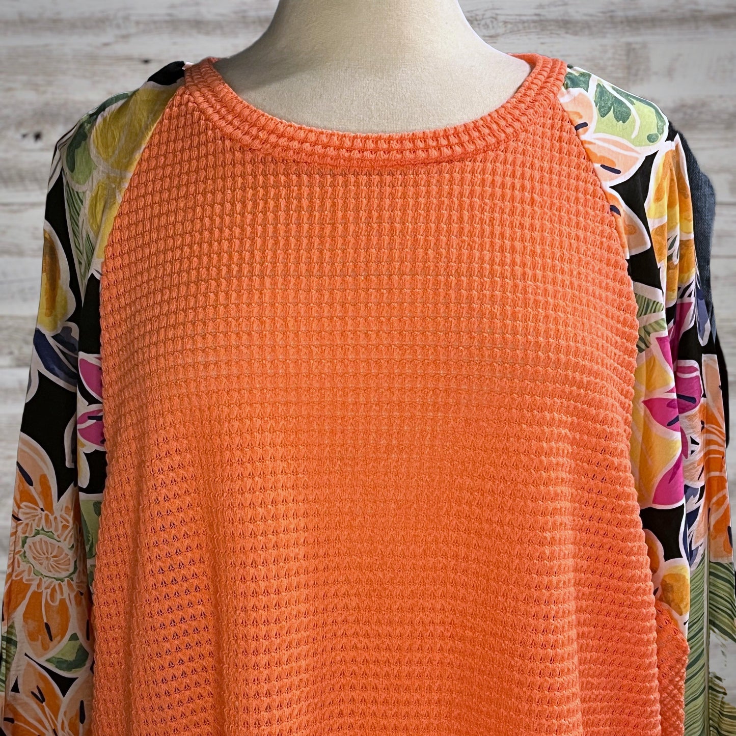 Summer Floral Waffle Knit Dolman Sleeve Top in Neon Coral
