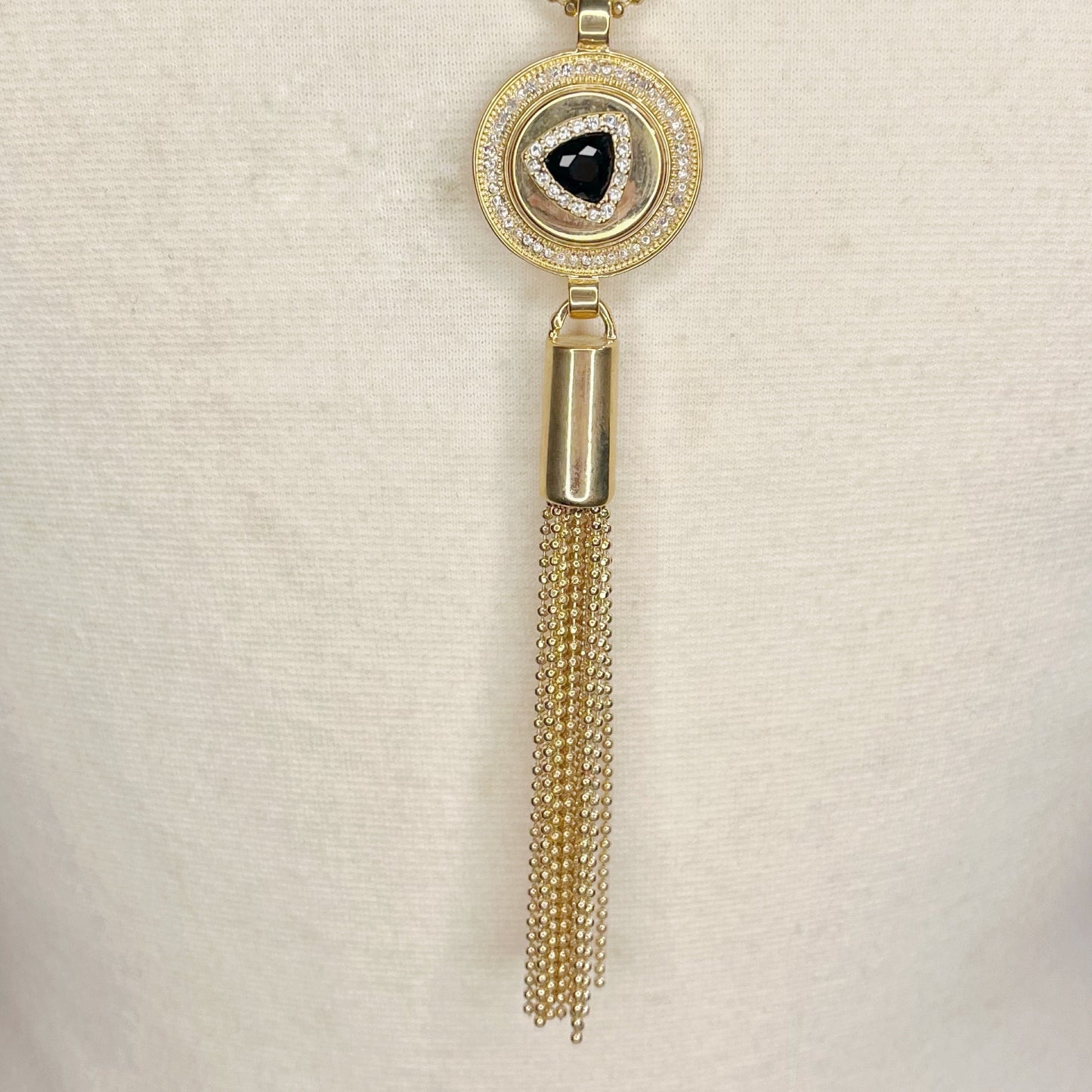 Blingy Rhinestone and Tassel Long Necklace in Gold Tone