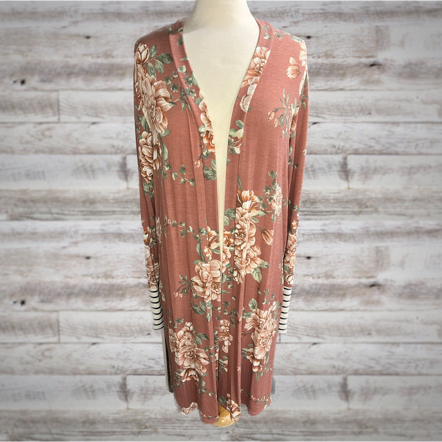 Blush Vintage Floral Duster Cardigan with Striped Cuffs