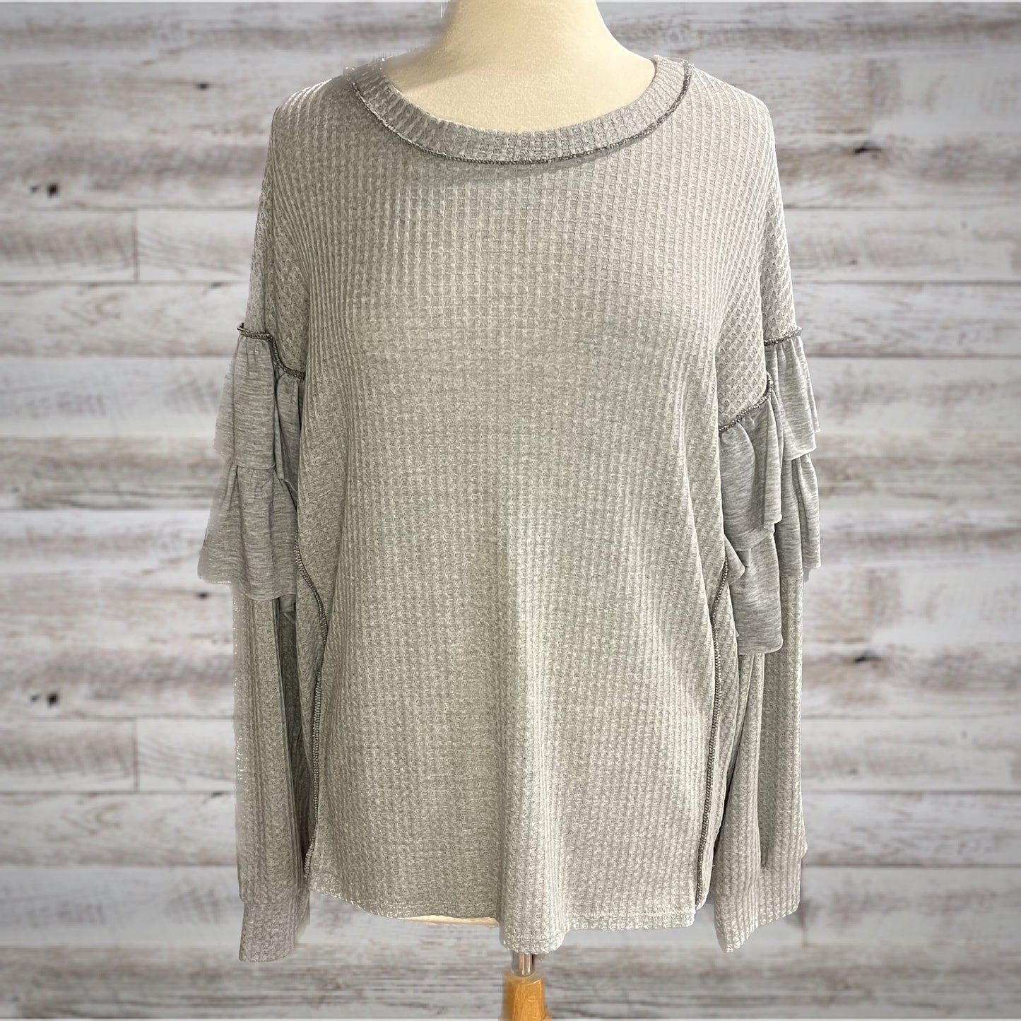 PLUS Ruffled Waffle Knit Long Sleeve Top in Ash