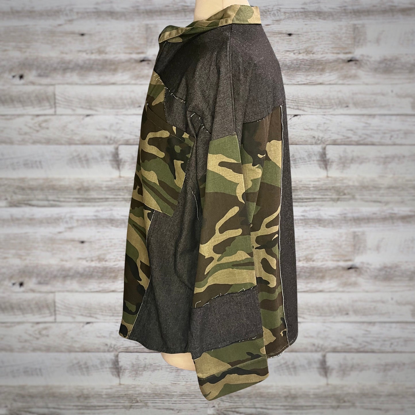 Camo Print Denim Mix Button Down Jacket