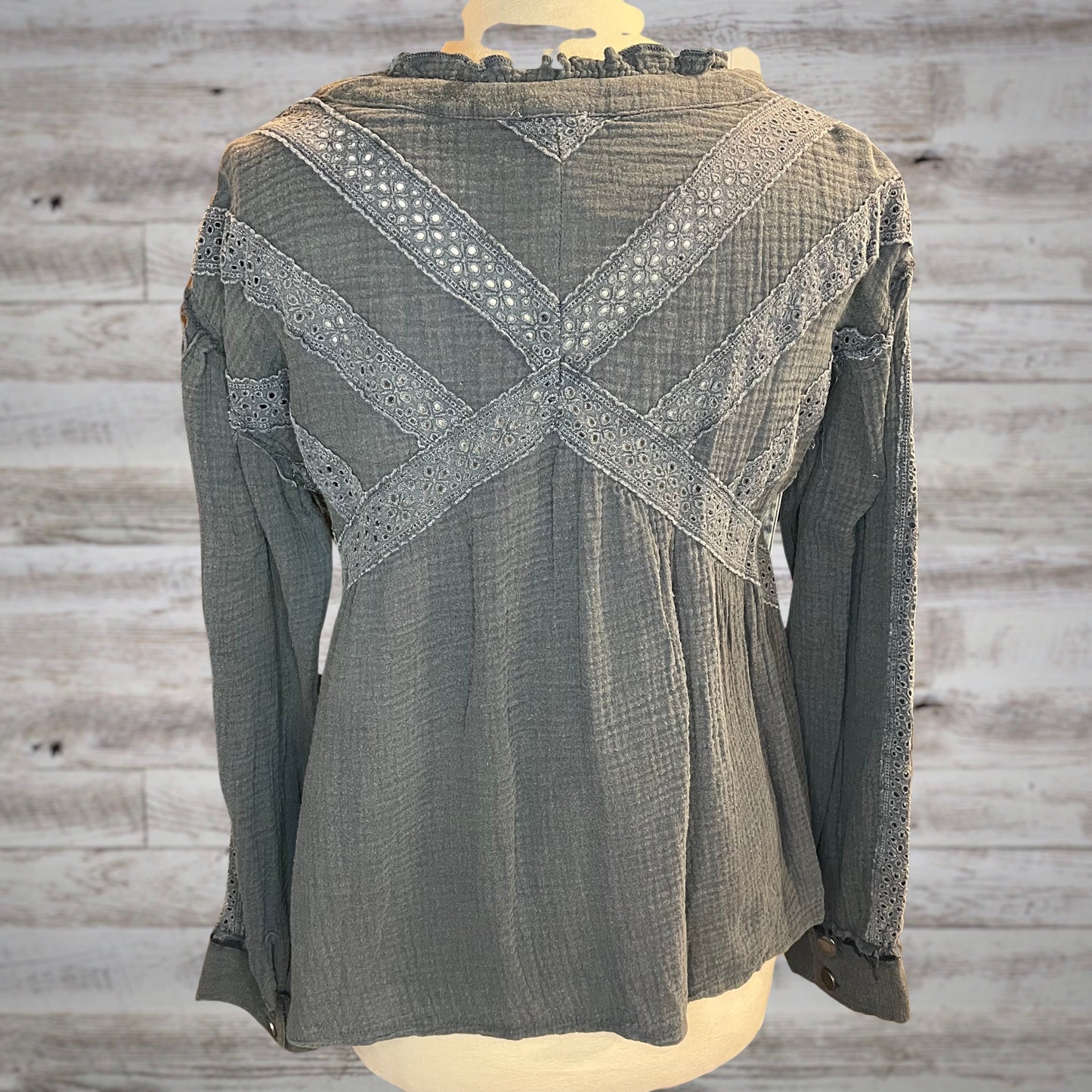 POL Charcoal Cotton Gauze Button Down Peasant Top