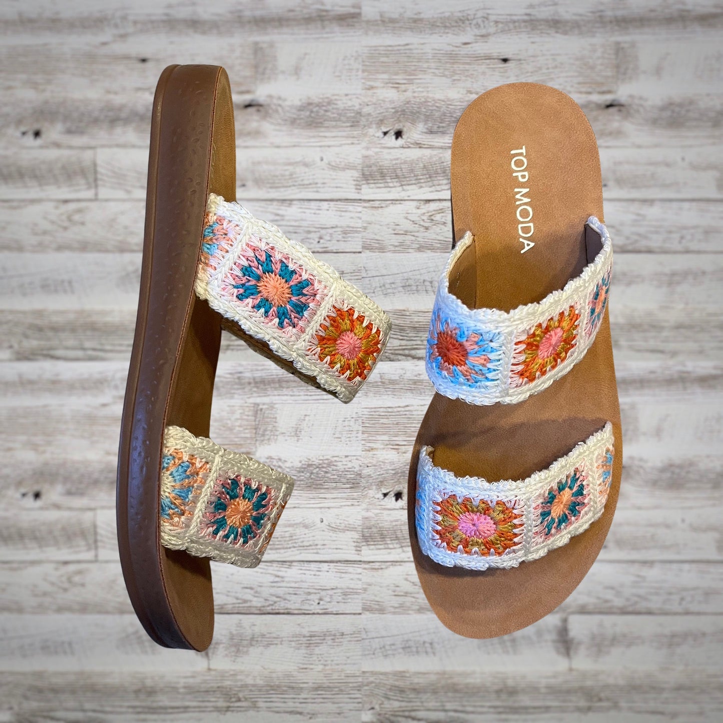 Top Moda Crochet Granny Square Slip On Slide Sandals