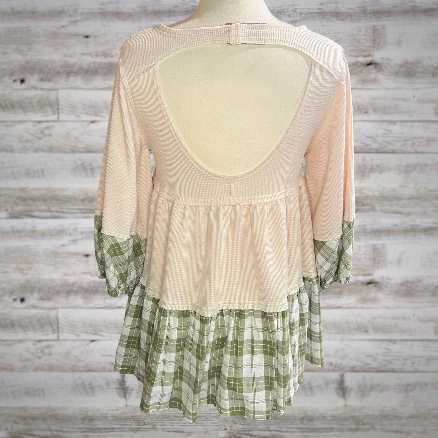 POL Sweet Waffle Knit Babydoll Tunic with Plaid Trim