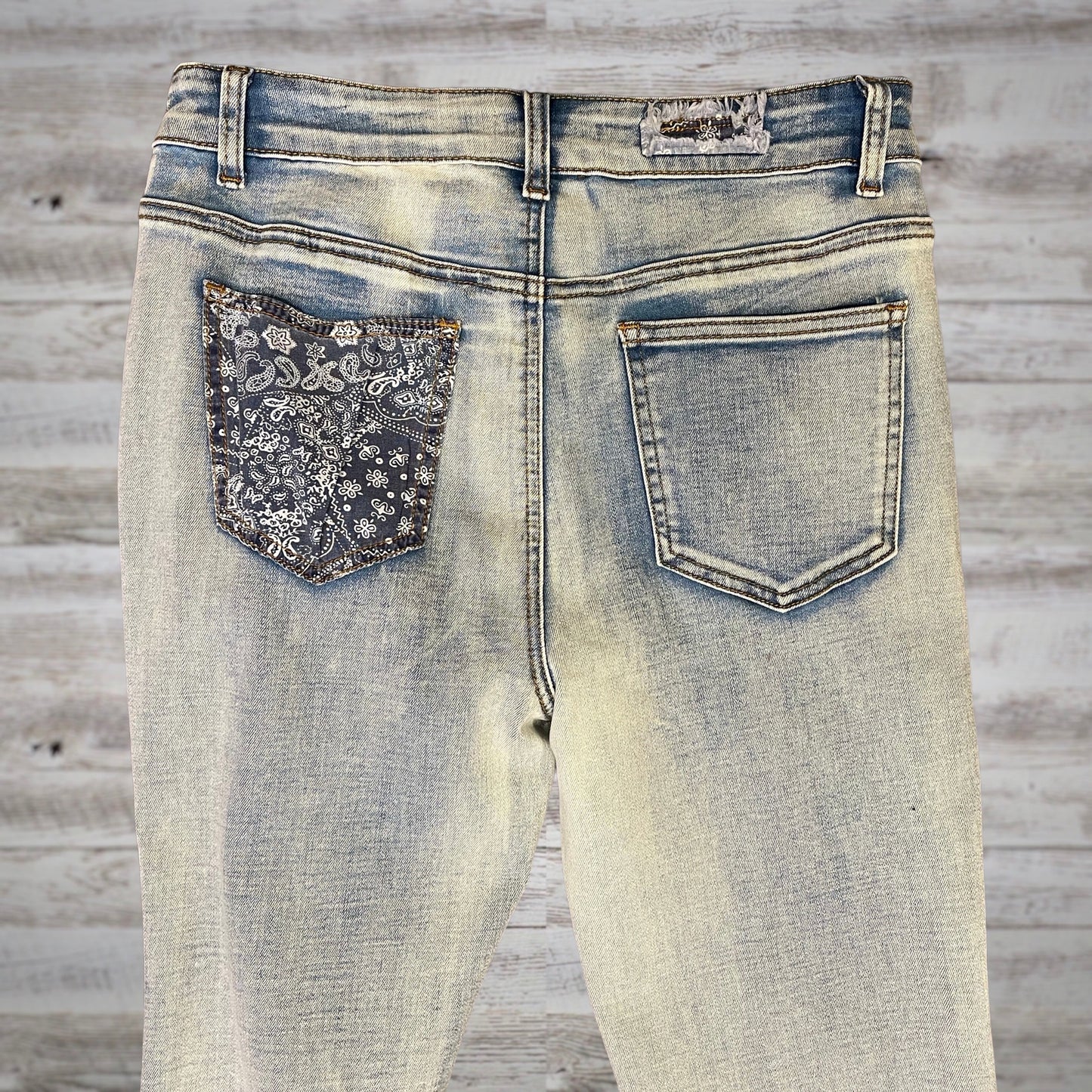 POL Bandana Patch Flare Leg Light Wash Jeans
