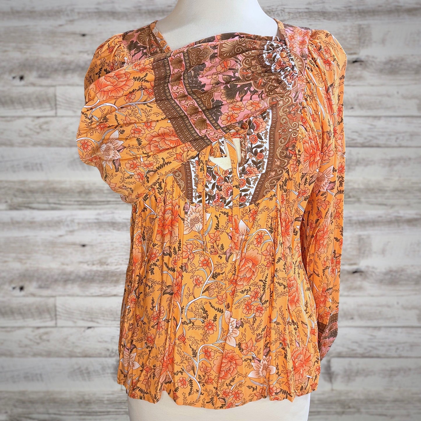 Romantic Floral Tie Neck Peasant Blouse in Dreamsicle