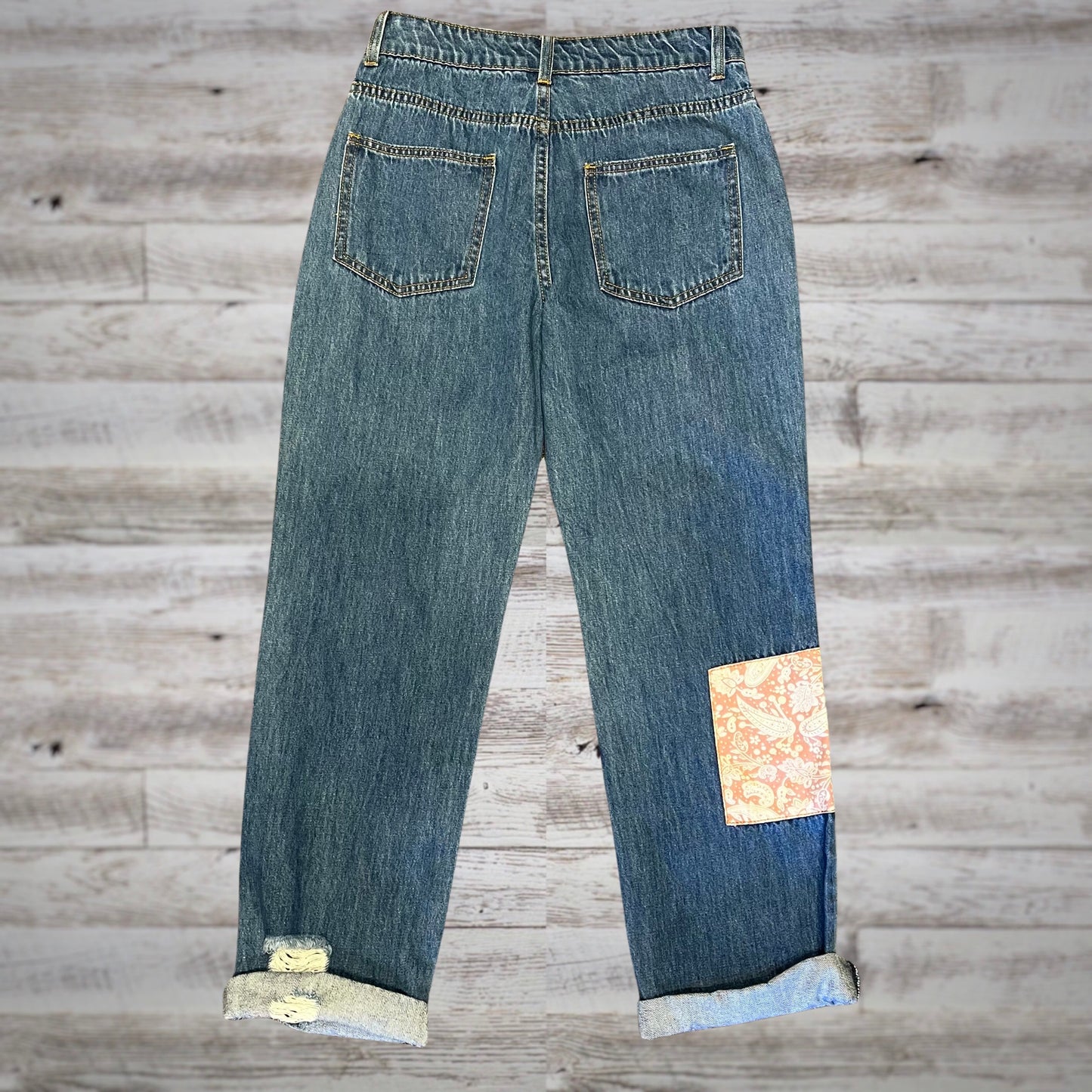 Bandana Patch Distressed Boyfriend Jeans in Dark Wash