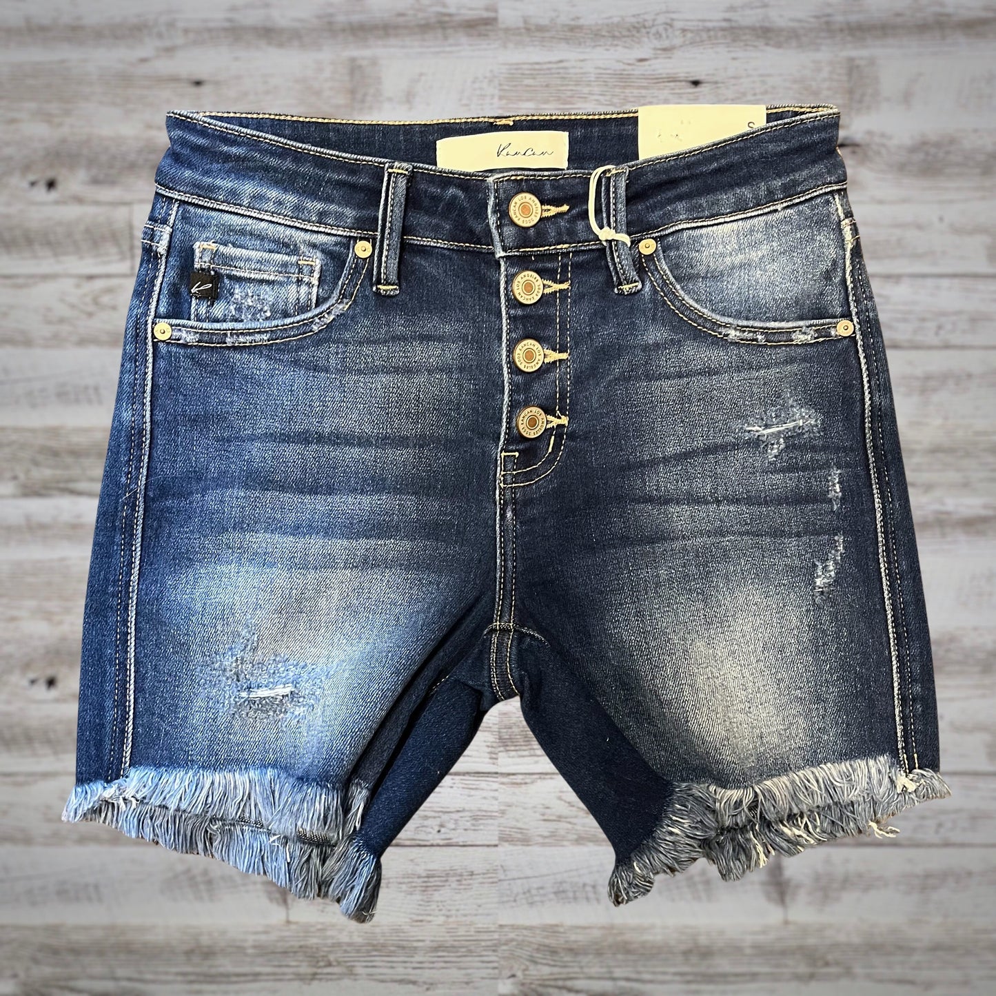 Kancan Mid Rise Button Fly Dark Wash Jean Shorts