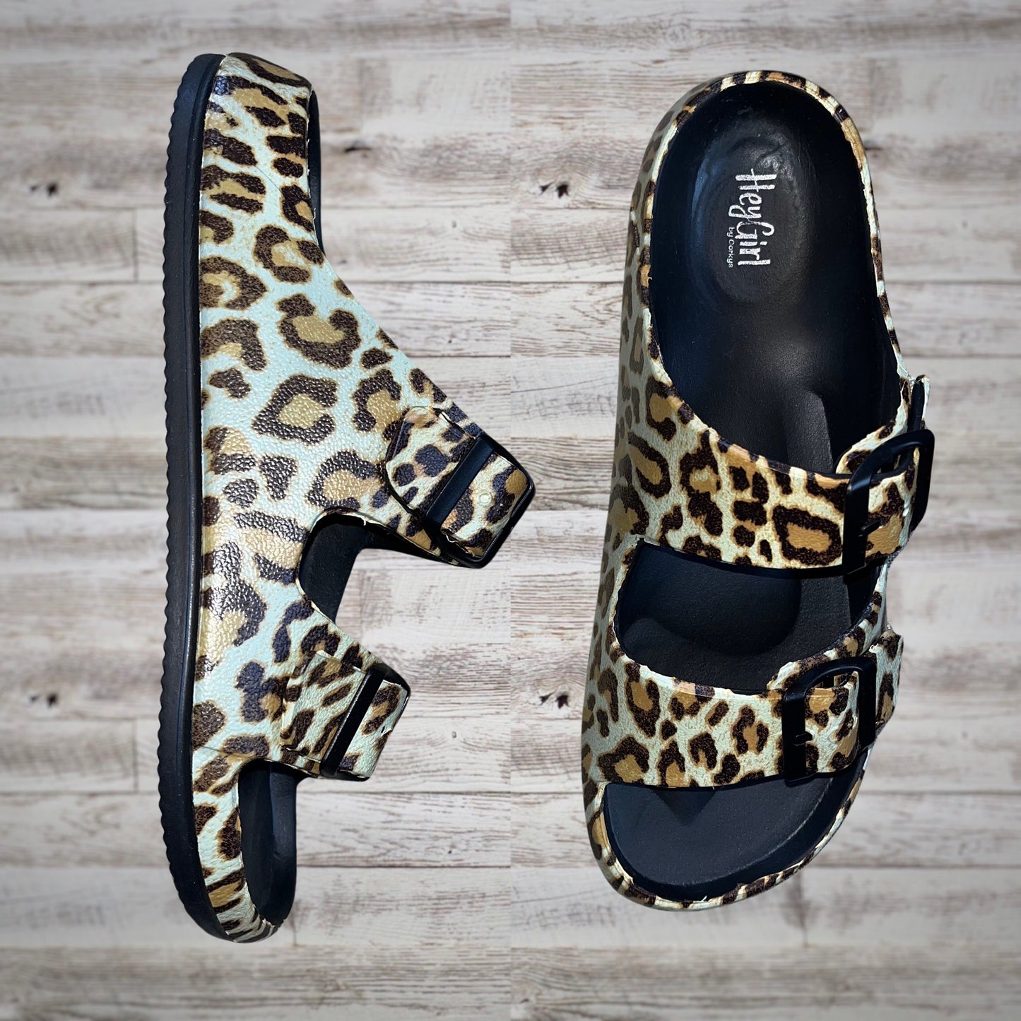 Hey Girl Leopard Print Slip On Rubber Slide Sandals