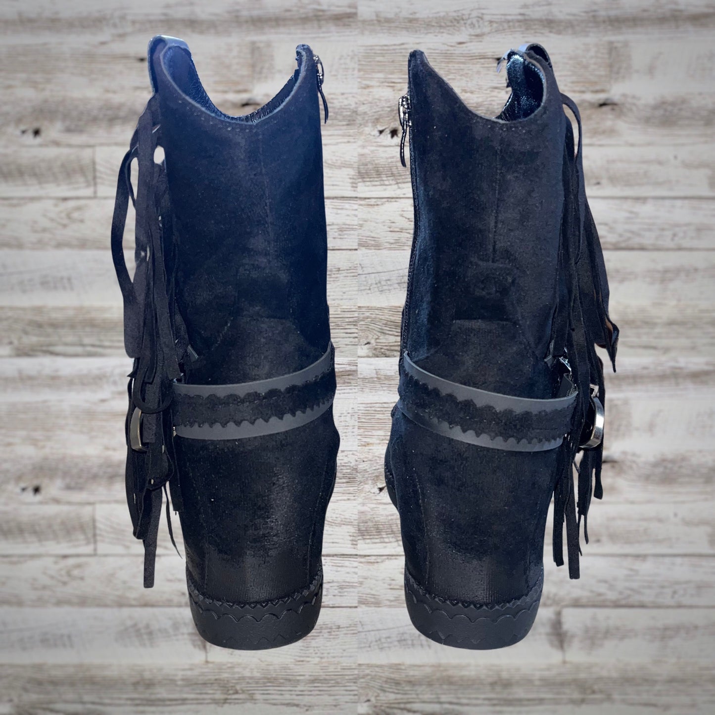 Very G Western Fringe Moc Toe Wedge Booties in Black Suede