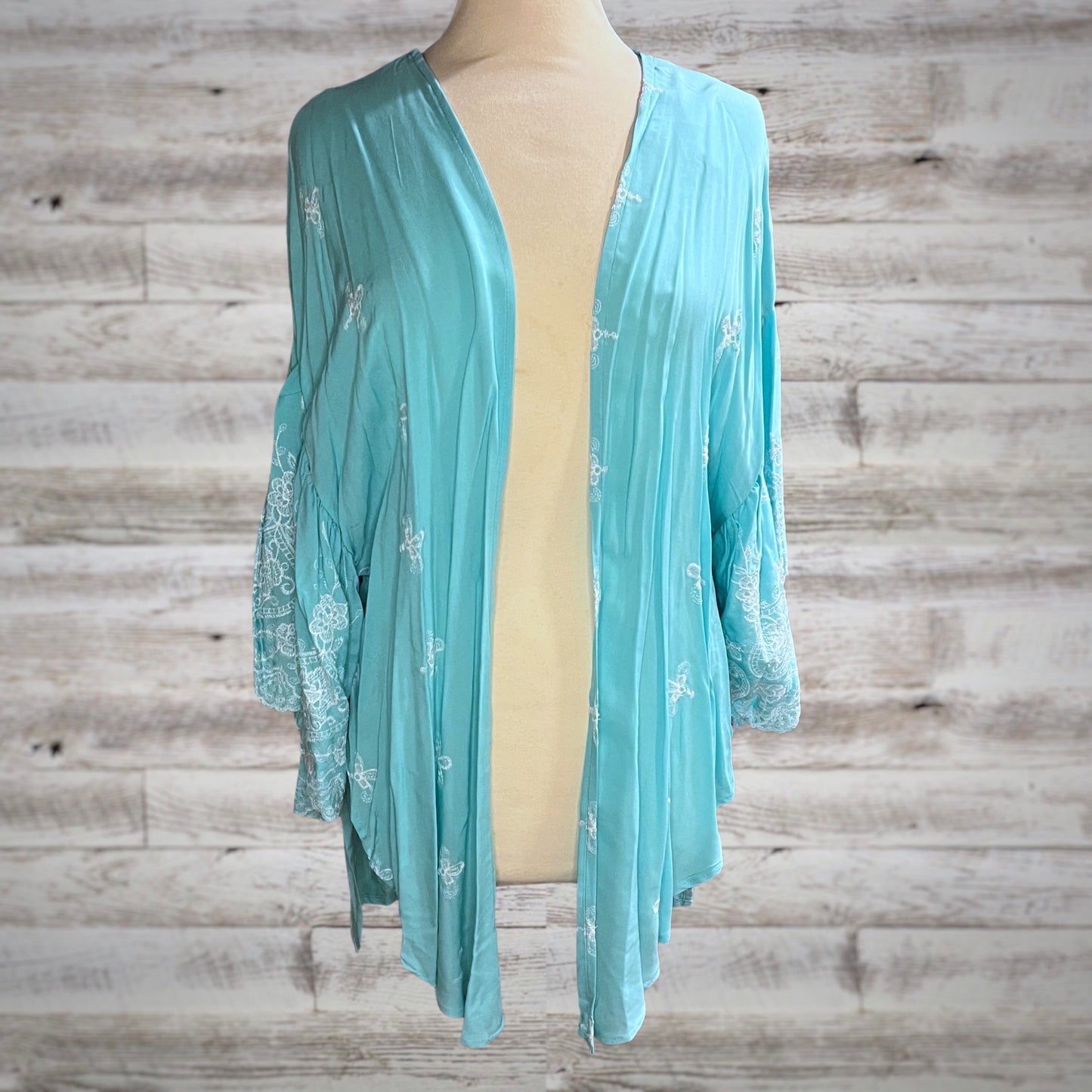 Embroidered Trumpet Sleeve Open Kimono Top in Aqua