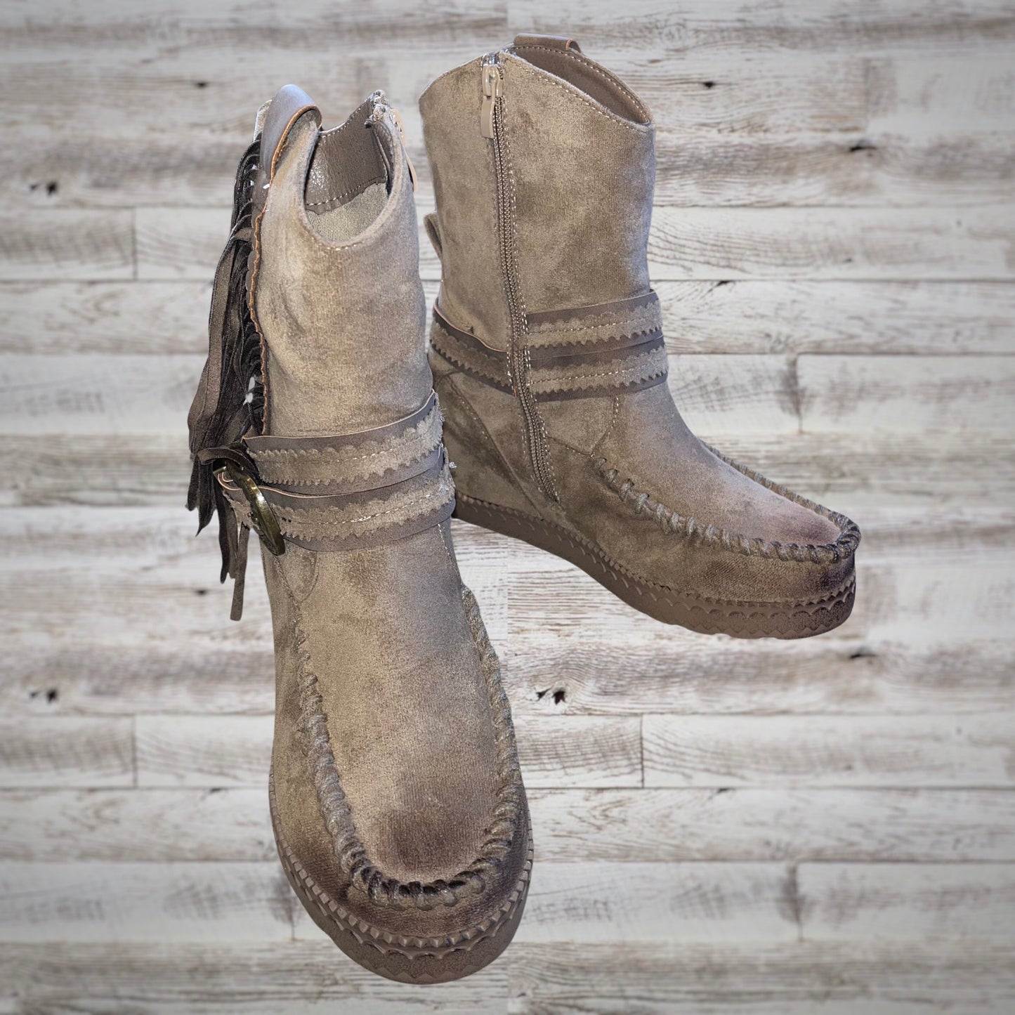 Very G Western Fringe Moc Toe Wedge Booties in Taupe Suede